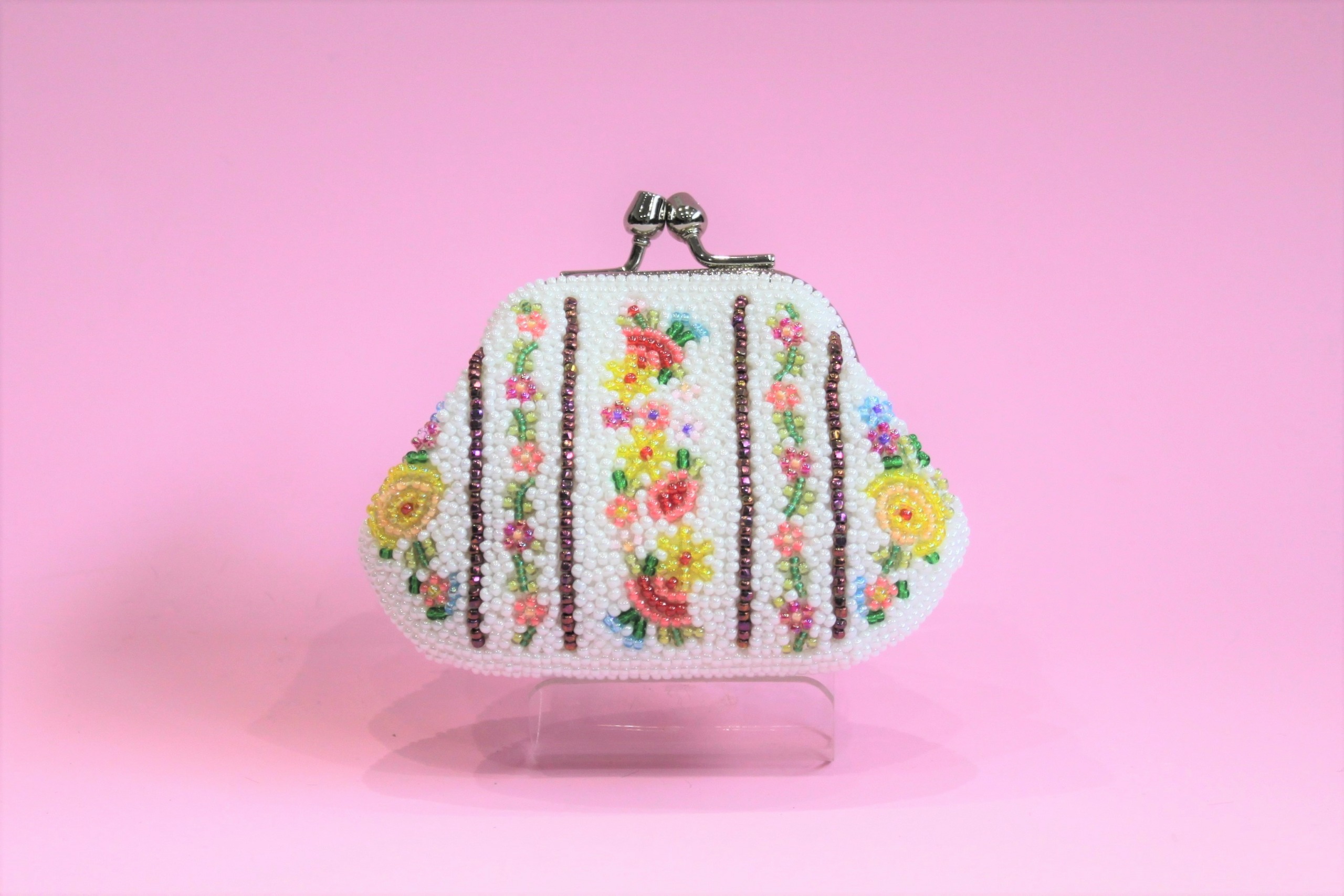 ビーズ刺繍 がま口 ＃111 ボーダー白 - 柏ビーズ