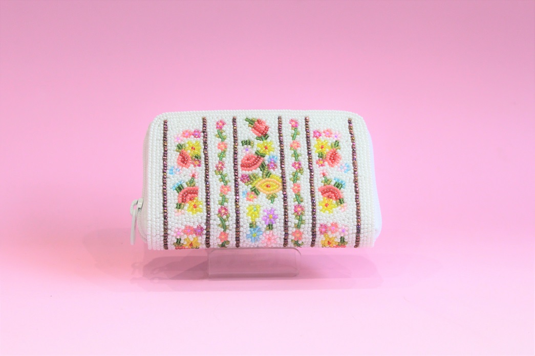 ビーズ刺繍 財布 ＃99 ボーダー白 - 柏ビーズ