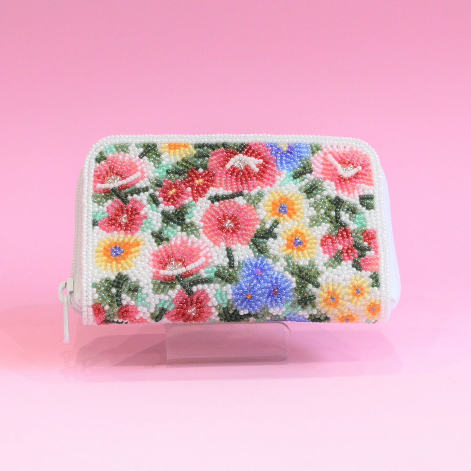 ビーズ刺繍　財布　（#99 紺花白）